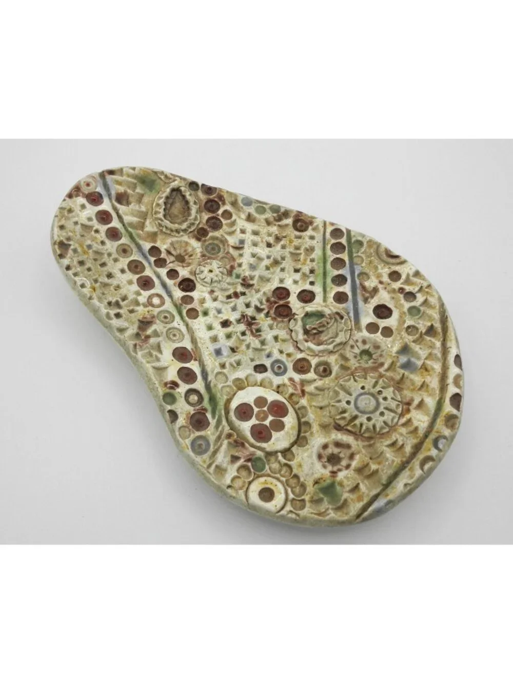 Art Pottery  Spoon Rest Trinket Dish Abstract Textured Footed Earth-tone Colors